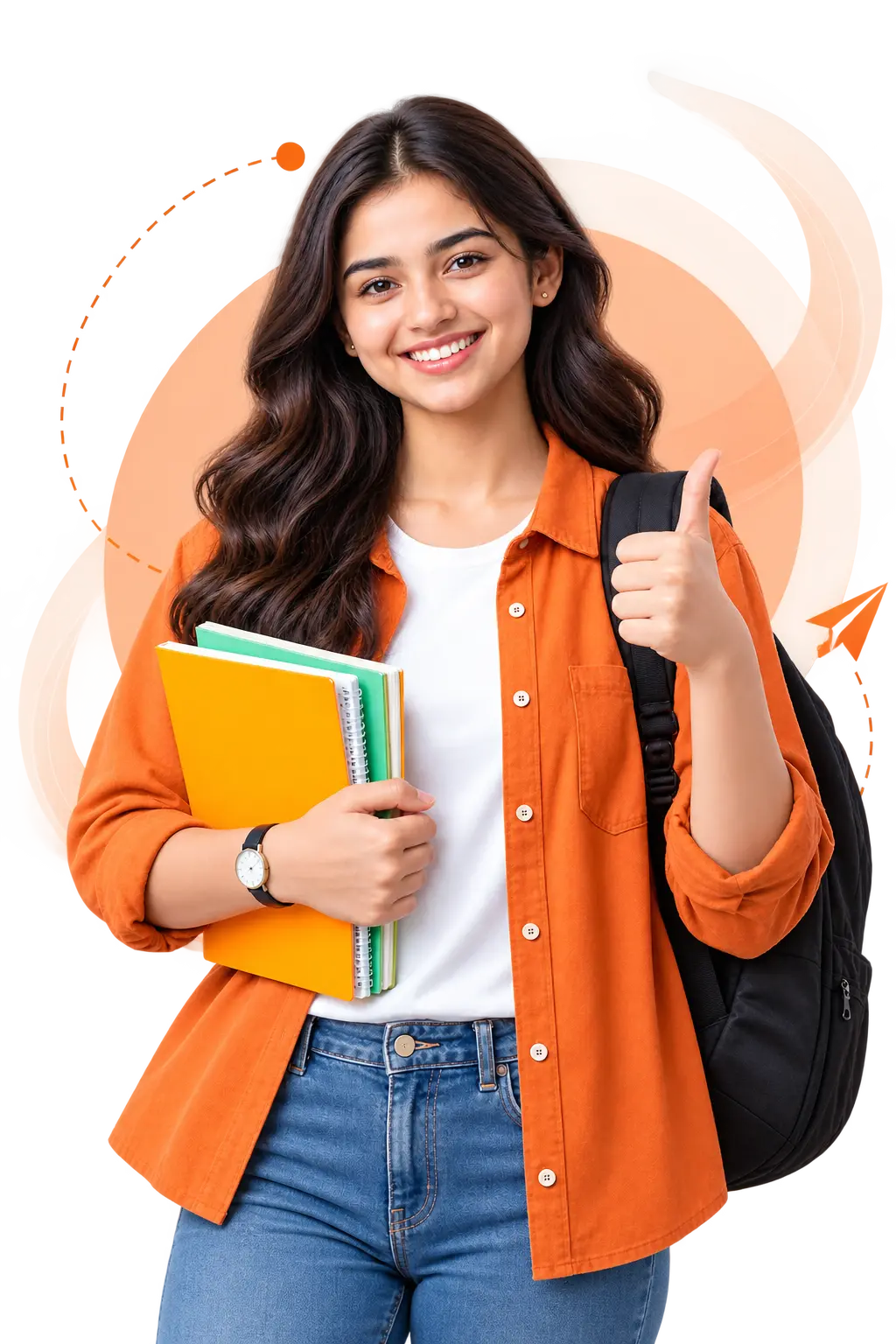 A student holding her books, giving a thumbs up